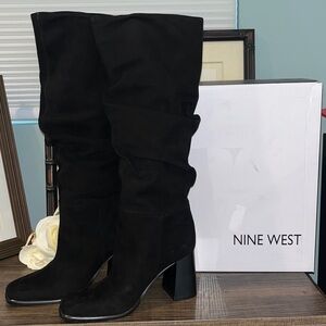 Nine West Domaey Suede Knee High Stacked Block Heel Black Boots NIB sz 5.5